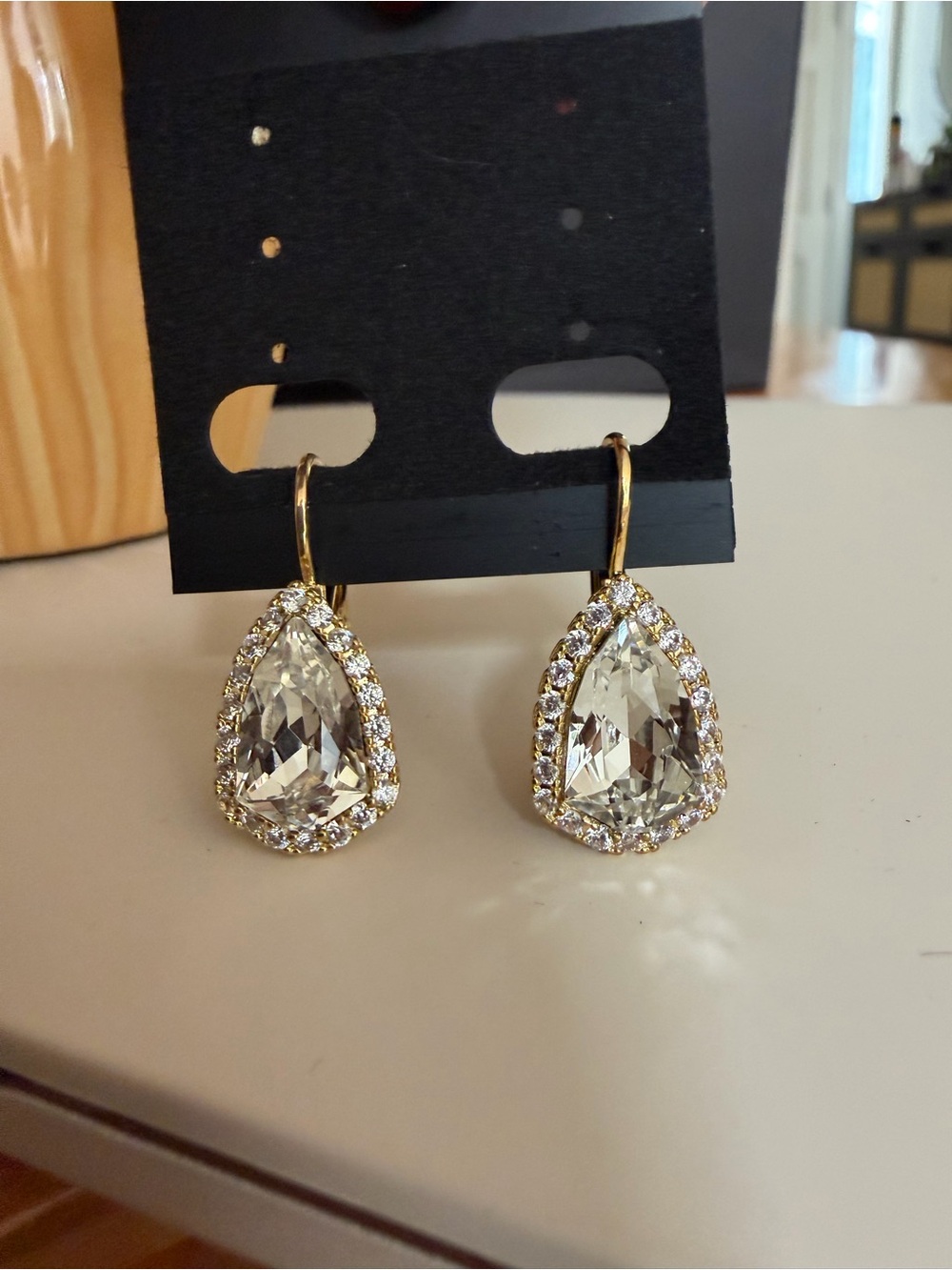Gold Teardrop Crystal Halo Earrings - Clear
